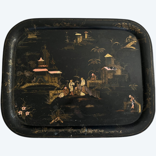 Schwarzes Blechtablett Napoleon III Chinoiserie 