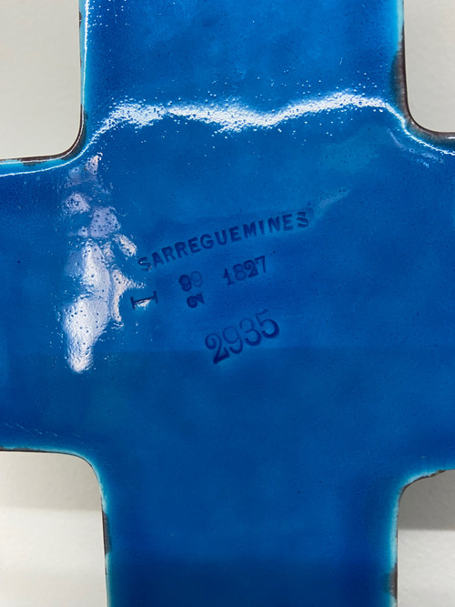 Holy water font made of Sarreguemines earthenware