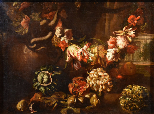 Aniello Ascione (naples,  C. 1680 - 1708), Still Life With Festoon Of Flowers And Fruit