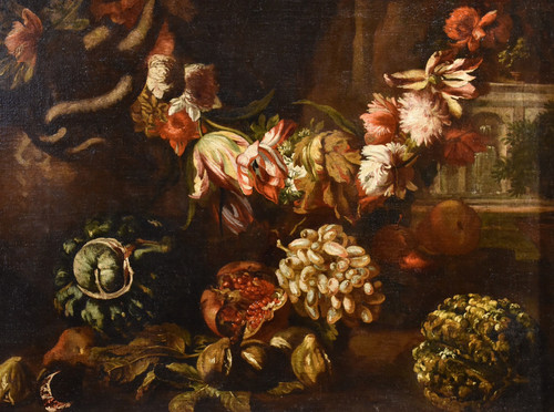 Aniello Ascione (naples,  C. 1680 - 1708), Still Life With Festoon Of Flowers And Fruit