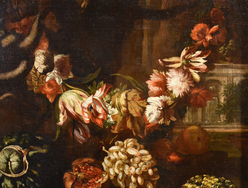 Aniello Ascione (naples,  C. 1680 - 1708), Still Life With Festoon Of Flowers And Fruit