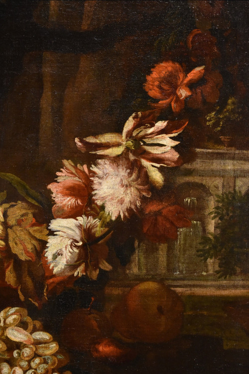 Aniello Ascione (naples,  C. 1680 - 1708), Still Life With Festoon Of Flowers And Fruit