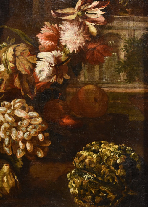 Aniello Ascione (naples,  C. 1680 - 1708), Still Life With Festoon Of Flowers And Fruit