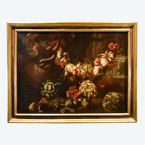 Aniello Ascione (naples,  C. 1680 - 1708), Still Life With Festoon Of Flowers And Fruit