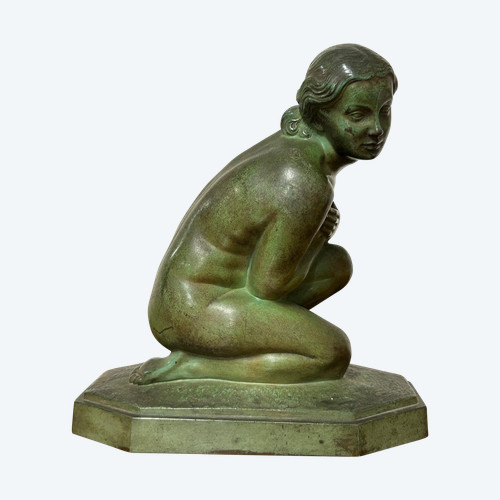 Lucien Charles édouard Alliot (1877-1967) La Frileuse Bronze à Patine Verte époque Art Déco  