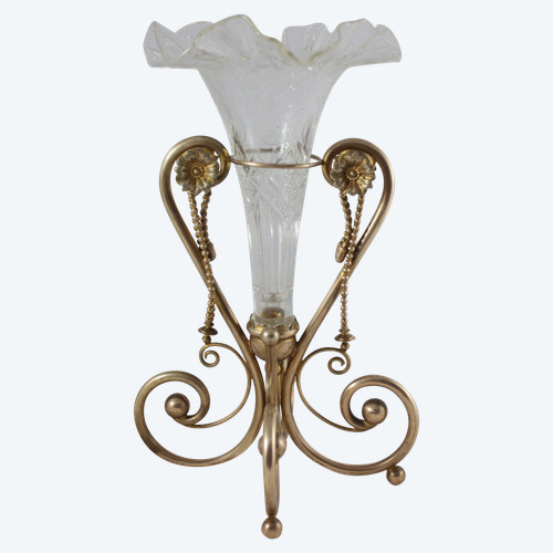 Hornvase aus Glas und vergoldeter Metallfassung um 1900