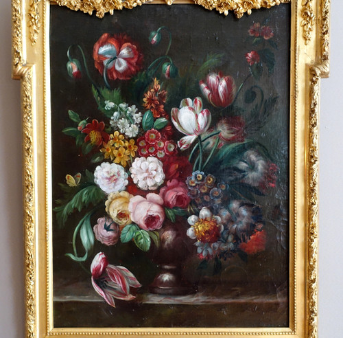 Scuola francese del XIX secolo, grande natura morta con fiori, cornice Luigi XVI - 61cm x 82cm