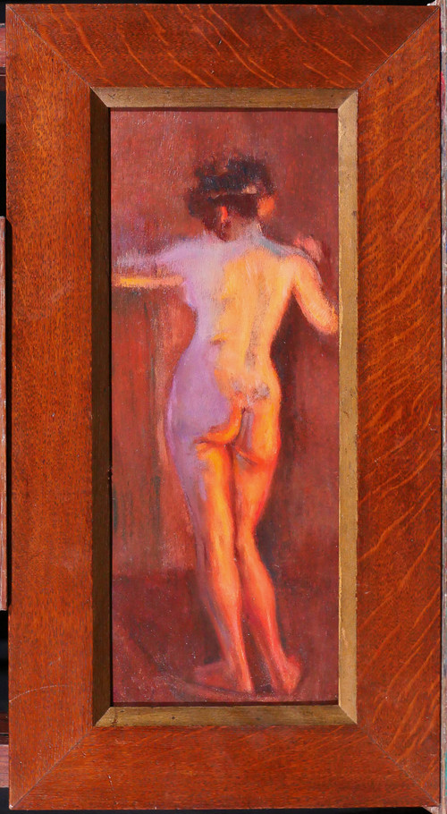 Emile Tremblay 1855-1935 Nude Woman, mauve and orange effect, painting, circa 1900