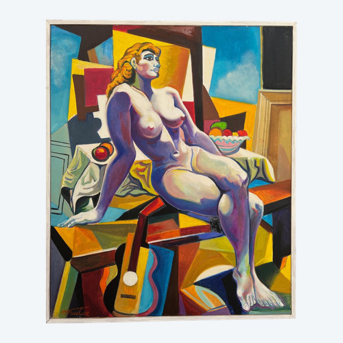 tableau cubiste par Maurice FRUITIER circa 1960 élève de LHOTE et Fernand LEGER NU huile sur toile