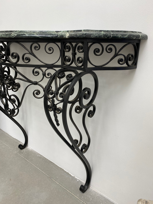 Consolle Art Déco in ferro battuto verde marmo alpino