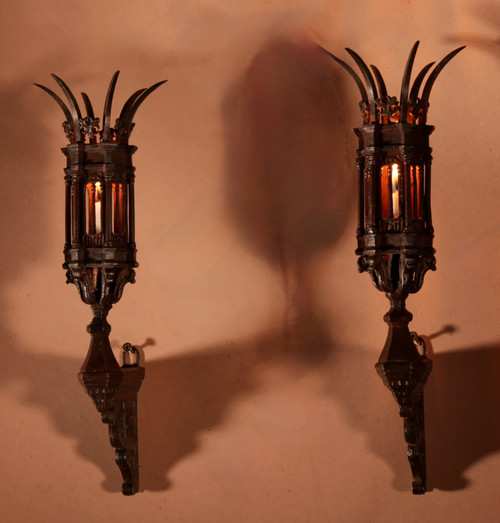 A Magnificent Pair Of Very Fine Cast Iron Divine Small Lamps / Lanterns In White Metal