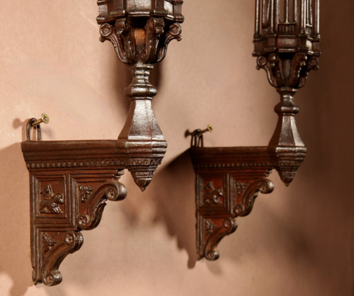 A Magnificent Pair Of Very Fine Cast Iron Divine Small Lamps / Lanterns In White Metal