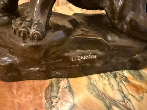 BRONZE LA PANTHERE BLESSEE SIGNEE L. CARVIN