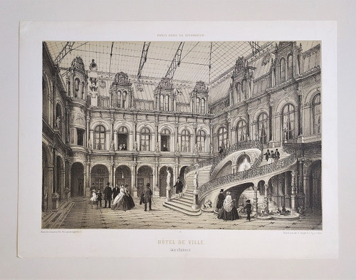 Paris City Hall Lithograph 19th Century Old Print