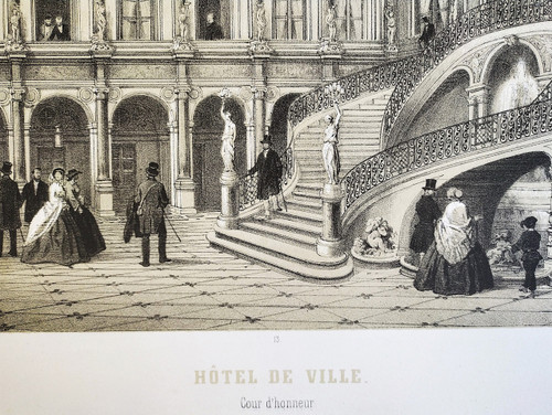 Paris City Hall Lithograph 19th Century Old Print