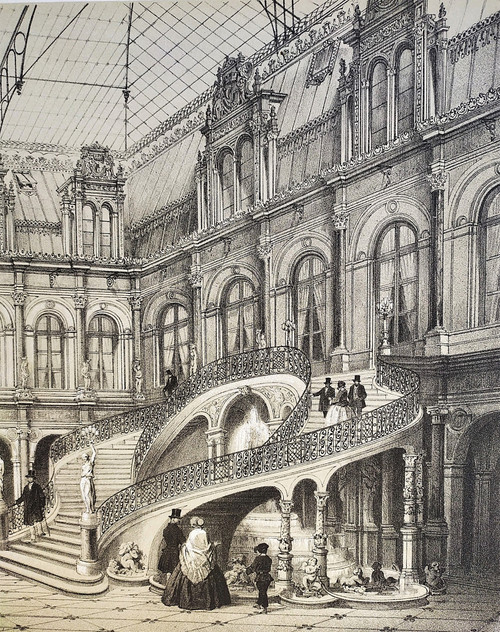 Paris City Hall Lithograph 19th Century Old Print