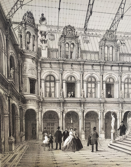 Paris City Hall Lithograph 19th Century Old Print