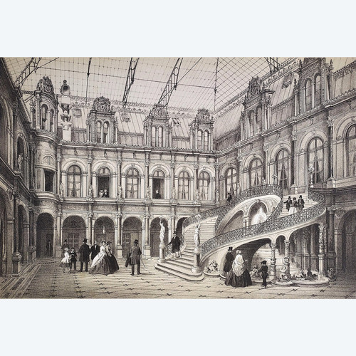 Paris City Hall Lithograph 19th Century Old Print