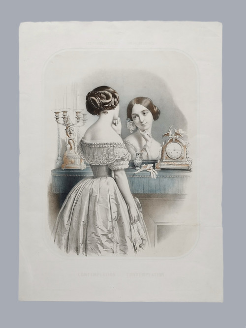 Portrait Femme Au Miroir Lithographie Finement Aquarellée  XIXème