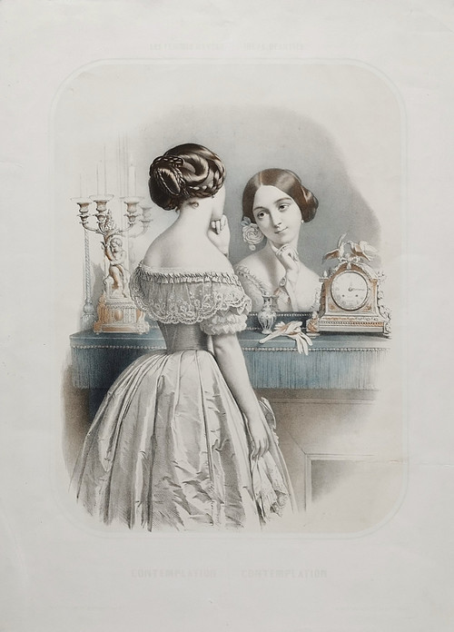 Portrait Femme Au Miroir Lithographie Finement Aquarellée  XIXème