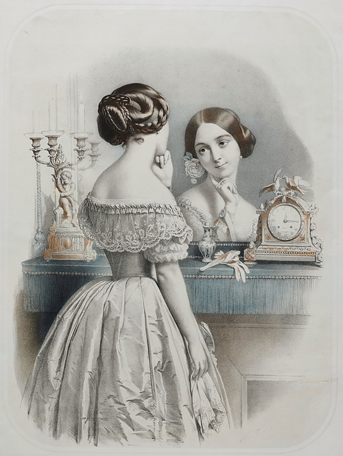 Portrait Femme Au Miroir Lithographie Finement Aquarellée  XIXème