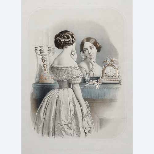 Portrait Femme Au Miroir Lithographie Finement Aquarellée  XIXème