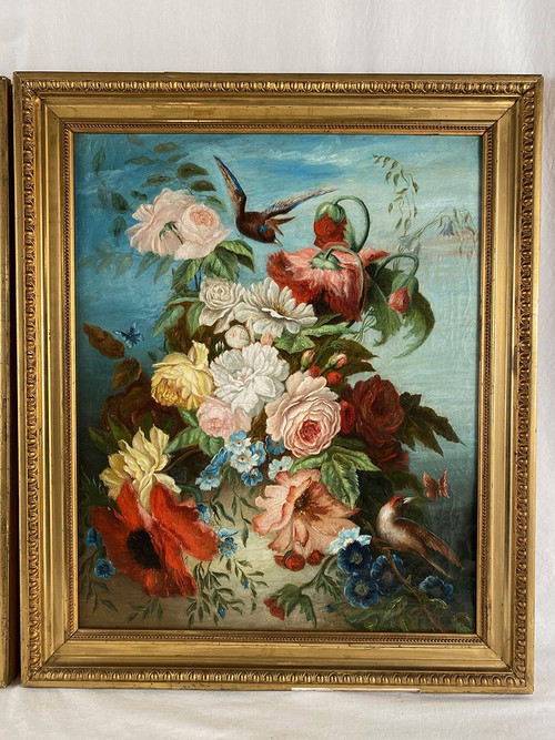 Pair of still lifes with flowers, fruit, butterflies and birds, framed oil on canvas