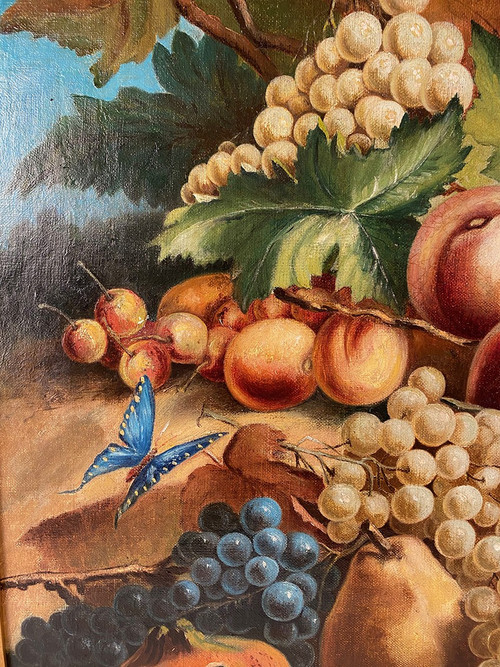 Pair of still lifes with flowers, fruit, butterflies and birds, framed oil on canvas
