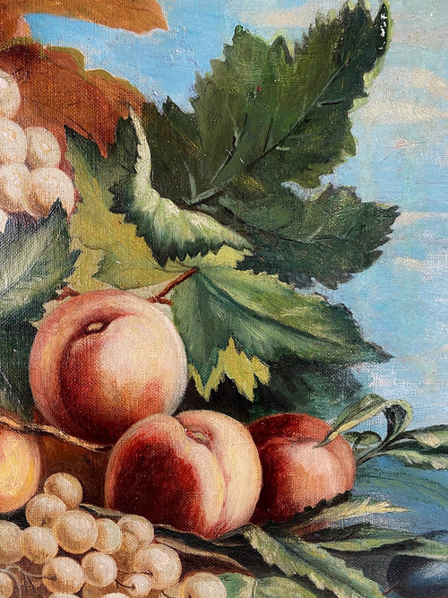 Pair of still lifes with flowers, fruit, butterflies and birds, framed oil on canvas