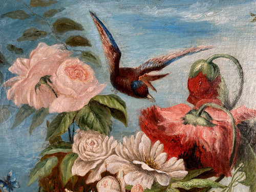 Pair of still lifes with flowers, fruit, butterflies and birds, framed oil on canvas