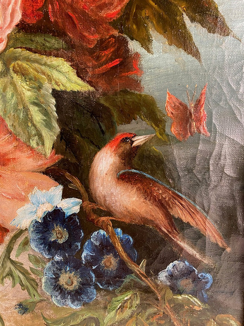 Pair of still lifes with flowers, fruit, butterflies and birds, framed oil on canvas