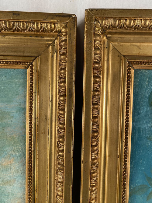 Pair of still lifes with flowers, fruit, butterflies and birds, framed oil on canvas