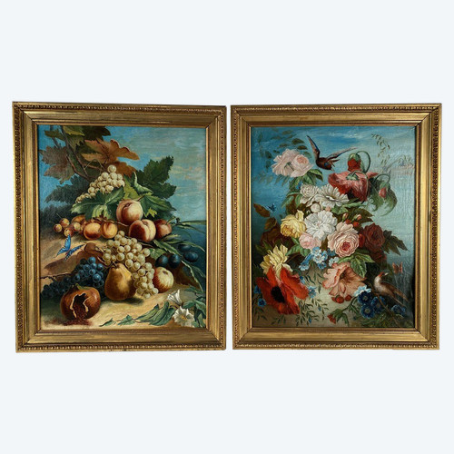 Pair of still lifes with flowers, fruit, butterflies and birds, framed oil on canvas