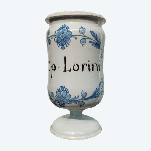 Pharmacy jar " OP . LORINI" in earthenware late 18th century Italy