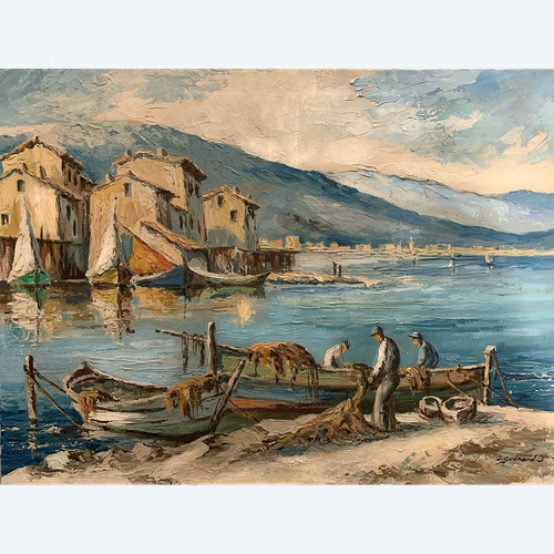 Martigues, signiert Jodeph Guenard, um 1950/60, Provenzalische Landschaft, Mittelmeer.