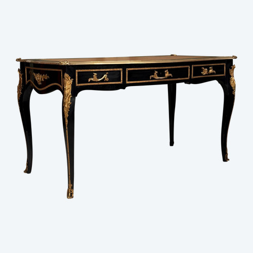 Maison Jansen, scrivania piatta in stile Luigi XV laccata nera 1940-1950 circa