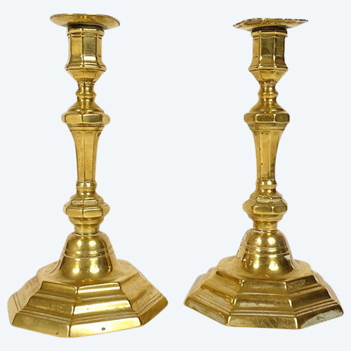 Pair of Louis XIV Candlesticks Bronze Gilt C Crowned 17th Century