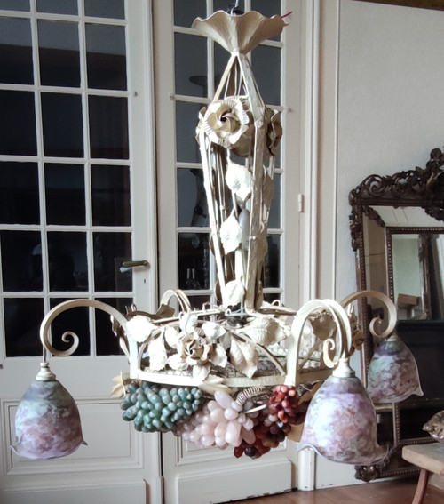 Large art deco Murano chandelier Wrought iron grape cluster chandelier