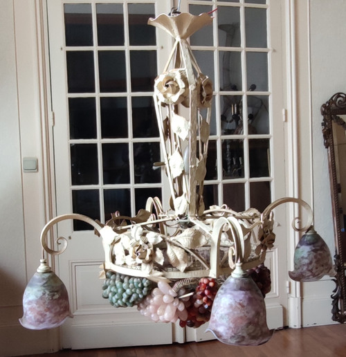 Large art deco Murano chandelier Wrought iron grape cluster chandelier
