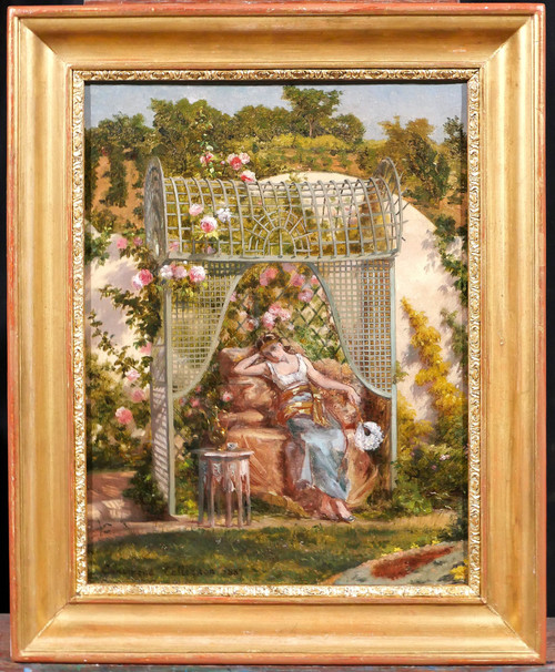 Ennemond COLLIGNON 1822-1890 Femme orientale aux roses dans son jardin, fleurs, tableau, 1887