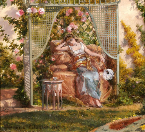 Ennemond COLLIGNON 1822-1890 Femme orientale aux roses dans son jardin, fleurs, tableau, 1887