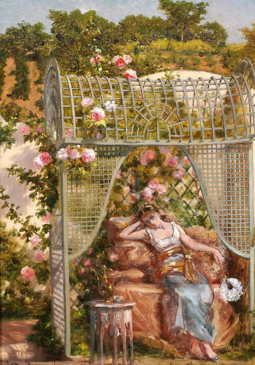 Ennemond COLLIGNON 1822-1890 Femme orientale aux roses dans son jardin, fleurs, tableau, 1887