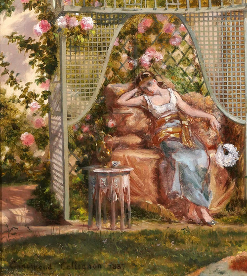Ennemond COLLIGNON 1822-1890 Femme orientale aux roses dans son jardin, fleurs, tableau, 1887
