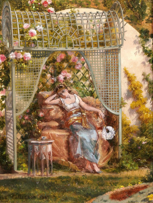 Ennemond COLLIGNON 1822-1890 Femme orientale aux roses dans son jardin, fleurs, tableau, 1887