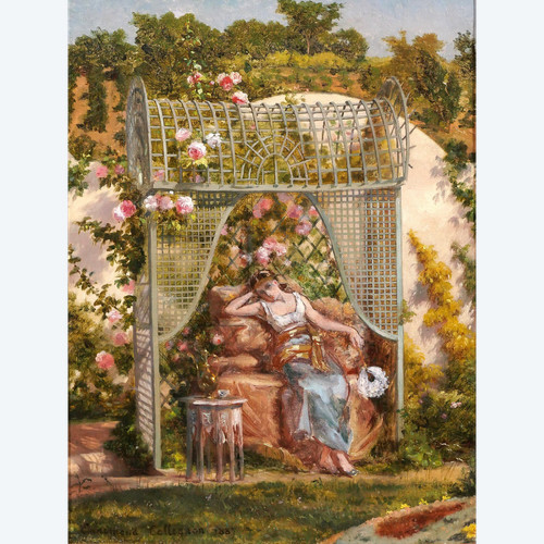 Ennemond COLLIGNON 1822-1890 Femme orientale aux roses dans son jardin, fleurs, tableau, 1887