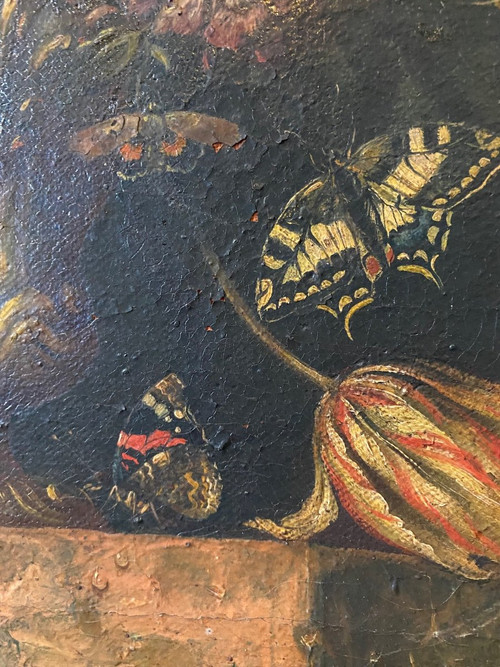 Huile Sur Toile - Nature Morte/ Bouquet De Fleurs - XVII ème
