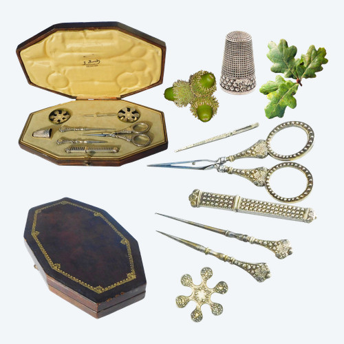 Sewing Kit Solid Silver Oak Decor Embroidery Scissors Case Needles Awl Bobbin