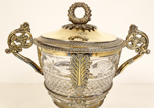 Zuccheriera Restauro argento vermeil Vecchio uomo palmette fiori cristallo XIX secolo