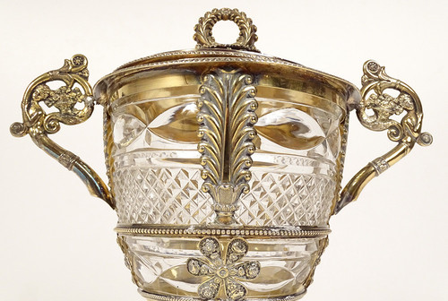 Zuccheriera Restauro argento vermeil Vecchio uomo palmette fiori cristallo XIX secolo