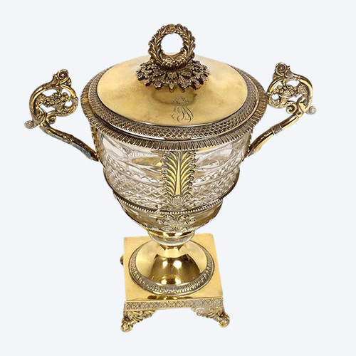 Zuccheriera Restauro argento vermeil Vecchio uomo palmette fiori cristallo XIX secolo